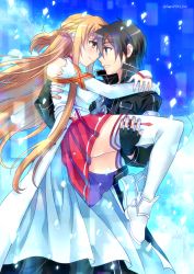 Rule 34 | 1boy, 1girl, armor, asuna (sao), black coat, black eyes, black gloves, black hair, blonde hair, blue background, breastplate, carrying, coat, elbow gloves, eye contact, fingerless gloves, floating hair, gloves, grin, highres, kirito, long hair, looking at another, looking at viewer, miniskirt, pleated skirt, princess carry, red skirt, sato-pon, skirt, smile, sword art online, thighhighs, very long hair, white gloves, white thighhighs, yellow eyes, zettai ryouiki