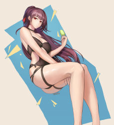 Rule 34 | 1girl, artist name, bare legs, bare shoulders, blunt bangs, breasts, choker, cleavage, closed mouth, food, from side, girls&#039; frontline, hair ribbon, highres, large breasts, long hair, looking at viewer, looking to the side, monaim, official alternate costume, popsicle, purple hair, red eyes, red ribbon, ribbon, solo, very long hair, wa2000 (girls&#039; frontline)