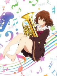 Rule 34 | 1girl, artist request, barefoot, bass clef, beamed eighth notes, brown eyes, brown hair, brown shirt, brown skirt, closed mouth, eighth note, eighth rest, euphonium, flat sign, half note, hibike! euphonium, highres, holding, holding instrument, instrument, kitauji high school uniform, long sleeves, looking at viewer, medium hair, musical note, natural sign, neckerchief, official art, oumae kumiko, pleated skirt, quarter rest, red neckerchief, sailor collar, school uniform, serafuku, sharp sign, shirt, skirt, smile, solo, staff (music), star (symbol), toes, white background, white sailor collar