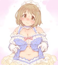 Rule 34 | 1girl, 7010, blush, breasts, brown eyes, brown hair, cleavage, collarbone, detached collar, detached sleeves, flower, frills, gloves, hair flower, hair ornament, headdress, idolmaster, idolmaster cinderella girls, large breasts, looking at viewer, mimura kanako, navel, plump, short hair, simple background, solo, stomach, sweat, upper body, white gloves