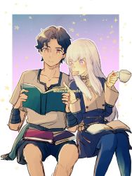 Rule 34 | 1boy, 1girl, absurdres, book, brown hair, cookie, cup, cyril (fire emblem), fire emblem, fire emblem: three houses, food, highres, holding, holding book, long hair, lysithea von ordelia, nintendo, nishimura (nianiamu), outside border, reading, simple background, teacup, white hair
