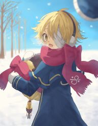 Rule 34 | 1boy, anniversary, bandage over one eye, bandages, beanie, bird, blonde hair, blue capelet, blue coat, blue jacket, blurry, blurry background, blurry foreground, bow, breath, capelet, coat, cold, dal segno (symbol), depth of field, earmuffs, fang, finch, fur-trimmed headwear, fur trim, gloves, hair between eyes, hanging, happy anniversary, happy birthday, hat, highres, jacket, jealous, looking at viewer, looking back, male focus, oliver (vocaloid), one eye covered, open mouth, red bow, red scarf, sailor collar, scarf, short hair, sideways glance, smile, snow, snowing, solo, stuffed animal, stuffed bird, stuffed toy, tree, tsutsuji (suisai02), turning head, unworn headwear, vocaloid, wavy hair, when you see it, white gloves, winter, winter gloves, yellow eyes