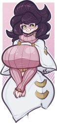 Rule 34 | 10s, 1girl, 2016, big hair, blush, border, breasts, creatures (company), dated, game freak, glasses, green eyes, huge breasts, long sleeves, looking to the side, nintendo, own hands together, pink-framed eyewear, pink background, pink sweater, pokemon, pokemon sm, purple hair, ribbed sweater, signature, simple background, skirt, smile, solo, sparkle, standing, sweater, tehbuttercookie, text focus, turtleneck, turtleneck sweater, v arms, white border, white skirt, wicke (pokemon), wide hips