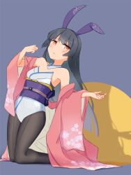 Rule 34 | bare shoulders, black hair, black pantyhose, blue background, blue leotard, cherry blossom print, detached collar, floral print, full body, grey hair, highres, japanese clothes, kimono, kneeling, leotard, long hair, looking at viewer, nontraditional playboy bunny, obi, original, pantyhose, pink kimono, playboy bunny, purple sash, sash, shadow, simple background, strapless, strapless leotard, tamanoti