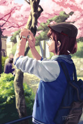 Rule 34 | 1girl, backpack, bag, blurry, brown eyes, brown hair, bush, cabbie hat, cherry blossoms, dated, depth of field, hat, highres, jacket, letterman jacket, open mouth, original, park, petals, profile, ramii, signature, sleeves pushed up, smile, solo focus, taking picture, tree, upper body, watch, wristwatch