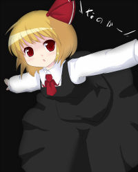 Rule 34 | 1girl, black background, blonde hair, coo (coonekocoo), female focus, hair ribbon, highres, is that so, long sleeves, open mouth, outstretched arms, red eyes, ribbon, rumia, short hair, solo, spread arms, touhou, translation request