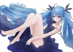 Rule 34 | 1girl, ahoge, bare shoulders, black bow, black dress, blue eyes, blue hair, bow, breasts, collarbone, dress, floating hair, full body, hair between eyes, hair bow, hatsune miku, highres, katorea, long hair, off shoulder, parted lips, simple background, sleeveless, sleeveless dress, small breasts, solo, spaghetti strap, very long hair, vocaloid, white background