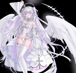 Rule 34 | 1girl, angel, angel wings, black background, bow, chain, corset, cross, cross-laced clothes, cross-laced panties, ear piercing, frilled corset, frills, gradient hair, hair intakes, halo, highres, latin cross, light purple hair, long hair, multicolored hair, o-ring, o-ring bottom, o-ring panties, original, panties, piercing, pink eyes, purple bow, purple eyes, saga666, simple background, sparkle, thighhighs, underwear, very long hair, white hair, white panties, white thighhighs, wings