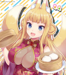 Rule 34 | 1girl, :d, animal ear fluff, animal ears, artist name, bamboo steamer, baozi, bare shoulders, blonde hair, blue eyes, blunt bangs, blush, braid, breasts, china dress, chinese clothes, cleavage, cleavage cutout, clothing cutout, commentary request, double bun, dress, dutch angle, food, fox ears, hair bun, holding, holding plate, impossible clothes, impossible dress, large breasts, long hair, miyano ururu, multicolored background, multiple tails, open mouth, original, plate, print dress, purple dress, see-through, sleeveless, sleeveless dress, smile, solo, straight hair, tail, two tails, upper body, very long hair