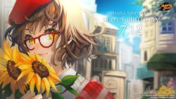 Rule 34 | 1girl, beret, blurry, blurry background, brown eyes, brown hair, commentary, copyright name, dated, depth of field, english commentary, flower, glasses, happy birthday, hat, highres, holding, holding flower, kotsuru kari, logo, mahjong, mahjong soul, ninomiya hana, official art, official wallpaper, outdoors, red-framed eyewear, red hat, solo, sunflower, tenbou, urban