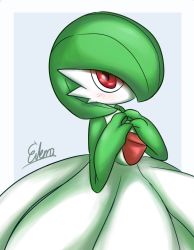 Rule 34 | 1girl, artist name, blue background, blush, border, colored skin, creatures (company), evema, female focus, flat chest, game freak, gardevoir, gen 3 pokemon, green hair, green skin, hair over one eye, hands up, light blush, looking at viewer, multicolored skin, nintendo, no mouth, own hands together, pokemon, pokemon (creature), red eyes, short hair, signature, simple background, solo, standing, two-tone skin, white border, white skin