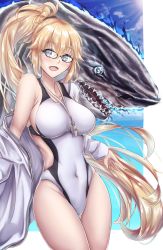 Rule 34 | 1girl, black-framed eyewear, blonde hair, blue eyes, blue sky, cloud, commentary request, competition swimsuit, covered navel, cowboy shot, day, fate/grand order, fate (series), glasses, highres, jacket, jeanne d&#039;arc (fate), jeanne d&#039;arc (ruler) (fate), jeanne d&#039;arc (swimsuit archer) (fate), jeanne d&#039;arc (swimsuit archer) (second ascension) (fate), light rays, long hair, one-piece swimsuit, outdoors, ponytail, shark, sky, solo, sun, sunbeam, sunlight, swimsuit, user ramf2222, whistle, whistle around neck, white jacket, white one-piece swimsuit