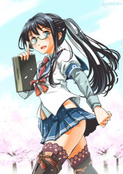 Rule 34 | 10s, 1girl, adjusting eyewear, alternate hairstyle, aqua eyes, black hair, blue skirt, blue sky, blush, book, cherry blossoms, cloud, cloudy sky, day, glasses, green-framed eyewear, hair ribbon, highres, hip vent, kantai collection, layered sleeves, long hair, long sleeves, looking at viewer, ooyodo (kancolle), open mouth, outdoors, pleated skirt, ponytail, purple thighhighs, ribbon, school uniform, semi-rimless eyewear, serafuku, short over long sleeves, short sleeves, skirt, sky, smile, sogabe toshinori, solo, thighhighs, tree, twitter username, under-rim eyewear, walking, white ribbon