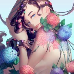 Rule 34 | 1girl, blue background, blue eyes, blue flower, bodypaint, breasts, curly hair, dripping, female focus, flower, gradient background, hair ornament, hand up, holding, holding hair, hydrangea, kelongzi, leaf, long hair, looking at viewer, looking back, original, parted lips, pink flower, red lips, sideboob, smile, solo, tattoo, topless, topless frame, upper body