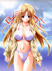 Rule 34 | 1girl, ahoge, aoyama souichi, asuka keisuke, bikini, bikini under clothes, blonde hair, breasts, cleavage, cloud, coat, crease, day, hair ribbon, large breasts, lens flare, long hair, lunar wing, navel, no pants, open clothes, open mouth, outdoors, palm tree, red eyes, ribbon, scan, shirufana, sky, solo, standing, sun, swimsuit, swimsuit under clothes, thigh gap, thighs, tree, trench coat, very long hair, water