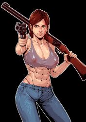 Rule 34 | 1girl, abs, aged up, alternate breast size, black background, blood, blood on face, blue pants, breasts, brown hair, cirenk, cleavage, collarbone, commentary, commission, covered erect nipples, denim, dual wielding, ellie (the last of us), english commentary, finger on trigger, fingernails, green eyes, grey sports bra, gun, handgun, highleg, highleg panties, highres, holding, holding gun, holding weapon, injury, jeans, large breasts, lips, medium hair, midriff, navel, nipples, no shirt, nose, outline, over shoulder, panties, pants, pistol, red panties, revolver, second-party source, see-through, solo, sports bra, the last of us, the last of us (series), the last of us 2, underwear, weapon, weapon over shoulder, white outline