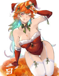 Rule 34 | 1girl, ;), arm support, bare shoulders, bell, blue hair, bow, bowtie, breasts, chicken (food), chicken leg, curvy, detached sleeves, food, food on body, food on face, fried chicken, fur-trimmed leotard, fur-trimmed sleeves, fur trim, garter straps, gradient hair, green bow, hair between eyes, heart, heart-shaped pupils, highleg, highleg leotard, highres, hololive, hololive english, jingle bell, kneeling, large breasts, leotard, long hair, looking at viewer, mistletoe, multicolored hair, one eye closed, orange hair, pink hair, purple eyes, red headwear, red leotard, red sleeves, santa costume, smile, solo, strapless, strapless leotard, symbol-shaped pupils, takanashi kiara, thighhighs, thighs, very long hair, virtual youtuber, white thighhighs, yun fuyu