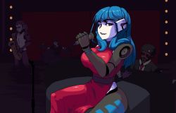 Rule 34 | blue hair, boxman, breasts, dress, drums, instrument, jazz, joints, kira miki, large breasts, long dress, long hair, microphone, music, pale skin, piano, red dress, red eyes, robot girl, saxophone, sitting, sleeveless, sleeveless dress, va-11 hall-a