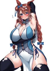 Rule 34 | absurdres, animal ears, blue dress, blue eyes, blush, braid, breasts, brown hair, cleavage, commentary request, commission, dress, elbow gloves, embarrassed, gloves, hair between eyes, hair ornament, hair ribbon, highres, horse, horse ears, horse girl, kshimu, large breasts, looking at viewer, ribbon, skeb commission, super creek (umamusume), thighhighs, thighs, twin braids, two-tone dress, umamusume, white dress