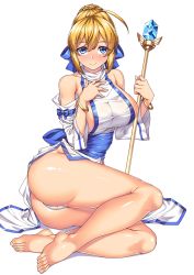 Rule 34 | 1girl, absurdres, ahoge, back bow, bare legs, barefoot, blonde hair, blue bow, blue eyes, bow, bracelet, braid, breasts, closed mouth, commission, detached sleeves, feet, french braid, hair bow, hair bun, highres, holding, holding staff, jewelry, large breasts, looking at viewer, panties, priestess (tales of destiny), rejean dubois, shiny skin, short hair, sideboob, simple background, single hair bun, sitting, smile, solo, staff, tales of (series), tales of destiny, toes, underwear, white background, white panties, yokozuwari