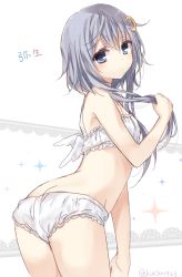 Rule 34 | 10s, 1girl, ass, bandeau, blue eyes, character name, cinderella bust, cowboy shot, crescent, crescent hair ornament, expressionless, eyebrows, hair between eyes, hair ornament, holding, holding own hair, kantai collection, komeshiro kasu, lace background, looking at viewer, panties, purple hair, short hair with long locks, signature, simple background, solo, sparkle, standing, underwear, underwear only, white background, white panties, yayoi (kancolle)