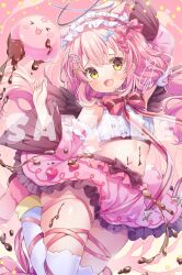 Rule 34 | 1girl, animal ears, arm up, bare shoulders, blush, bow, bowtie, breasts, cat ears, chocolate, chocolate on body, crop top, datenchi yua, detached sleeves, dot nose, fang, floating, food on body, frilled skirt, frills, hair between eyes, hand up, highres, indie virtual youtuber, kisukekun, looking at viewer, maid headdress, medium hair, midriff, navel, pink background, pink footwear, pink skirt, ribbon, sample watermark, skin fang, skindentation, skirt, small breasts, solo, thick thighs, thighhighs, thighs, valentine, virtual youtuber, watermark, white thighhighs, wide sleeves, yellow eyes