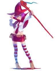 Rule 34 | glasses, hat, miniskirt, necktie, purple hair, simple background, skirt, solo, staff, striped clothes, striped thighhighs, thighhighs, weno, witch, witch hat
