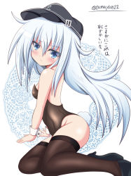Rule 34 | 10s, 1girl, alternate costume, anchor symbol, bare shoulders, black thighhighs, blue eyes, breasts, fake tail, flat cap, hair ornament, hat, hibiki (kancolle), high heels, highres, kantai collection, leotard, long hair, looking at viewer, messy hair, playboy bunny, rabbit tail, small breasts, solo, tail, tamayan, thighhighs, twitter username, white hair, wrist cuffs