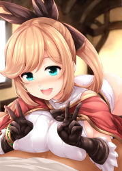 Rule 34 | 10s, 1boy, 1girl, :d, aqua eyes, bent over, black gloves, black thighhighs, blush, breasts, brown hair, clarisse (granblue fantasy), double v, gloves, granblue fantasy, hair ribbon, hetero, highres, large breasts, long hair, md5 mismatch, open mouth, paizuri, paizuri under clothes, panties, penis, ponytail, resolution mismatch, ribbed sweater, ribbon, see-through, sleeveless, sleeveless turtleneck, smile, solo focus, source smaller, ss (ssj2822533), sweater, thighhighs, turtleneck, underwear, uni8, v, white panties