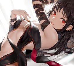 Rule 34 | 1girl, arm strap, black dress, black hair, blush, breasts, canking, center opening, commentary request, dress, ear piercing, earrings, fate/grand order, fate (series), jewelry, long hair, looking at viewer, lying, medium breasts, navel, on back, parted lips, piercing, red eyes, revealing clothes, solo, strapless, strapless dress, yu mei-ren (fate)