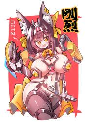 Rule 34 | 1girl, animal ears, armor, belt, black armor, black gloves, black hair, blush, bow, bowtie, breasts, circular saw, cleavage, detached collar, ditienan ddn, earrings, fang, gloves, hair ribbon, headpiece, highres, hourglass, jewelry, kamen rider, kamen rider geiz, kamen rider geiz revive gouretsu, kamen rider zi-o (series), large breasts, looking at viewer, open mouth, orange armor, orange neckwear, personification, red background, ribbon, rider-tan, rider belt, ridewatch, saw, short hair, smile, standing, waist bow, weapon, wolf ears, wolf girl, wristband, yellow eyes, ziku driver