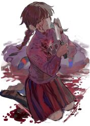 Rule 34 | 1girl, blood, blood on clothes, blood on face, blood on hands, blood splatter, bloody weapon, blunt bangs, boots, braid, brown footwear, brown hair, closed eyes, commentary, corpse, full body, highres, holding, holding knife, kneeling, knife, long sleeves, madotsuki, medium hair, niku 0000, parted lips, pink sweater, pleated skirt, red skirt, simple background, sketch, skirt, solo focus, sweater, twin braids, weapon, white background, yume nikki