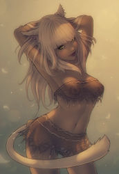 Rule 34 | 10s, 1girl, animal ears, armpits, arms behind head, arms up, warrior of light (ff14), blonde hair, breasts, breasts apart, cat ears, cat tail, covered erect nipples, dark-skinned female, dark skin, female pubic hair, final fantasy, final fantasy xiv, gradient background, lips, long hair, looking at viewer, medium breasts, microskirt, midriff, miqo&#039;te, navel, nipples, pubic hair, see-through, skirt, slit pupils, smile, solo, soranamae, tail, yellow eyes