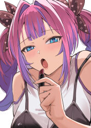 +_+ 1girl absurdres black_bra blue_eyes blush bra bra_over_clothes clothing_cutout collarbone commentary cosmetics hair_intakes hair_ribbon highres holding holding_lipstick_tube hololive hololive_dev_is kikirara_vivi lipstick_tube long_hair looking_at_viewer multicolored_hair open_mouth pink_hair pink_lips purple_hair ribbon shirt shoulder_cutout simple_background solo sparkle_print strap_slip tana_yaki tongue two-tone_hair underwear upper_body virtual_youtuber white_background white_shirt