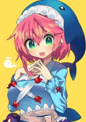 Rule 34 | 1girl, :d, absurdres, animal hat, blue eyes, breasts, cleavage, crossed bangs, fingernails, fingers together, gourd, green eyes, hair between eyes, hands up, hat, highres, large breasts, looking at viewer, multicolored eyes, okunoda miyoi, open mouth, pink hair, sakaki (utigi), short hair, smile, solo, touhou, upper body, whale, whale hat, yellow background