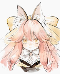 Rule 34 | 1girl, animal ear fluff, animal ears, bow, bowtie, closed mouth, cropped shoulders, fate/samurai remnant, fate (series), fox ears, hair bow, long hair, looking at viewer, mizutame tori, pink hair, portrait, signature, simple background, solo, tamamo (fate), tamamo aria (fate), white background, white bow, white bowtie, yellow bow, yellow eyes