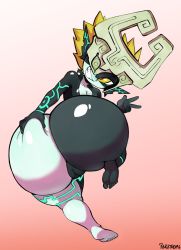 Rule 34 | 1girl, angstrom, artist name, ass, ass focus, ass grab, blonde hair, breasts, cleft of venus, collarbone, colored sclera, from behind, grabbing own ass, headpiece, helmet, highres, huge ass, looking at viewer, looking back, midna, nintendo, pointy ears, pussy, red eyes, simple background, small breasts, smile, solo, the legend of zelda, the legend of zelda: twilight princess, thick thighs, thighs, uncensored, v, yellow sclera