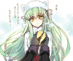 Rule 34 | 1girl, blush, c.c., code geass, creayus, gloves, holding hands, hat, long hair, looking at viewer, open mouth, pov, snow, translation request, winter, winter clothes
