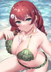 Rule 34 | 1girl, absurdres, bikini, blue eyes, bottle, braid, breasts, butter curry, cleavage, emma verde, freckles, frilled bikini, frills, from above, green bikini, highres, holding, holding bottle, large breasts, looking at viewer, love live!, love live! nijigasaki high school idol club, low twintails, medium hair, red hair, solo, swimsuit, twin braids, twintails, wavy mouth