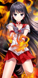 Rule 34 | 1990s (style), 1girl, bishoujo senshi sailor moon, black hair, bow, brooch, choker, collarbone, earrings, elbow gloves, fiery background, fire, gloves, heart, heart brooch, hino rei, jewelry, long hair, magical girl, nardack, pleated skirt, purple eyes, red skirt, retro artstyle, ribbon, sailor collar, sailor mars, skirt, smile, solo, star (symbol), super sailor mars, tiara, very long hair, white gloves