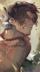 Rule 34 | 1boy, absurdres, artist name, bead necklace, beads, black hair, chinese text, commentary, commentary request, crying, english commentary, english text, freckles, highres, injury, jewelry, korean text, male focus, mixed-language commentary, necklace, one piece, ovasayuri, portgas d. ace, sad, short hair, solo, spanish text, streaming tears, tears, teeth, topless male