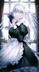 Rule 34 | 1girl, absurdres, akqne, animal, apron, black cat, blush, breasts, candle, cat, curtains, eyebrows hidden by hair, finger to mouth, grey hair, hair between eyes, highres, holding, holding candle, long hair, looking at viewer, maid, maid apron, maid headdress, original, shushing, solo, white hair, window