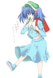 Rule 34 | 1girl, backpack, bag, blue dress, blue eyes, blue hair, blush, dress, female focus, flat cap, hair bobbles, hair ornament, hat, kawashiro nitori, korican, long sleeves, looking at viewer, matching hair/eyes, pocket, simple background, solo, text focus, touhou, two side up, white background