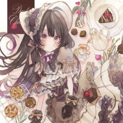 Rule 34 | 1girl, text background, black gloves, black hair, black ribbon, black wrist cuffs, bonnet, bow, cake, cake slice, center frills, cherry, chocolate, chocolate cake, closed mouth, cookie, cup, dark chocolate, dress, drink, english text, expressionless, floating hair, flower, food, frilled cuffs, frilled dress, frilled headwear, frilled sleeves, frills, fruit, gloves, gradient dress, gradient eyes, grey dress, hair ribbon, heart, highres, hot chocolate, leaf, long hair, looking to the side, maid headdress, multicolored eyes, neck ribbon, original, painting (medium), pink ribbon, pouring, purple bow, purple eyes, purple flower, purple ribbon, ribbon, saucer, short sleeves, sleeve ribbon, solo, striped, striped bow, teacup, teapot, traditional media, two-tone bow, two-tone dress, two-tone headwear, uni (setsuna gumi39), watercolor (medium), white dress, wrist cuffs