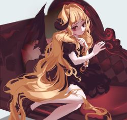 Rule 34 | 1girl, :|, bat wings, black dress, black eyes, black footwear, blonde hair, blunt bangs, chinese commentary, closed mouth, couch, curled horns, demon horns, dress, foot out of frame, hand in own hair, heterochromia, highres, horns, knees together feet apart, long hair, looking at viewer, original, puffy short sleeves, puffy sleeves, red eyes, shoes, short sleeves, sitting, solo, torn wings, tuko, very long hair, wavy hair, white background, wings