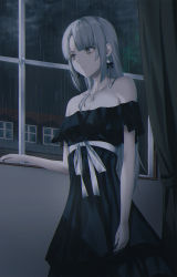 Rule 34 | 1girl, asymmetrical bangs, bad id, bad pixiv id, black bow, black dress, blue nails, blunt bangs, bow, breasts, brown eyes, cleavage, closed mouth, cloud, cloudy sky, collarbone, dress, earrings, fov ps, grey hair, highres, indoors, jewelry, layered dress, long dress, long hair, nail polish, night, off-shoulder dress, off shoulder, original, rain, rei no himo, sky, small breasts, solo, straight hair