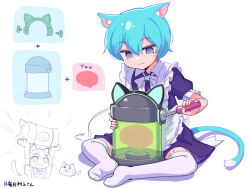Rule 34 | 1girl, animal ear fluff, animal ears, apron, black dress, blue fur, brain, building, capsule, cat, cat ears, cat girl, cat tail, closed mouth, dress, garter straps, grey eyes, holding, holding screwdriver, maid, maid apron, misskey.io, multicolored fur, murakami-san (misskey.io), puuakachan, screwdriver, short hair, short sleeves, sitting, smile, solo, tail, thighhighs, white fur, white thighhighs