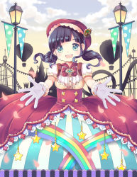 Rule 34 | 1girl, :d, akb48, amusement park, bad id, bad pixiv id, black hair, blue eyes, blush, cloud, dress, elbow gloves, flag, gloves, hat, lamppost, looking at viewer, open mouth, outstretched arms, petals, rainbow, roller coaster, silverms2, sky, smile, solo, star (symbol), twintails, watanabe mayu