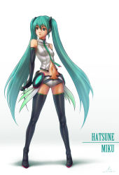 Rule 34 | 10s, 1girl, 2014, absurdres, alternate costume, artist name, boots, breasts, character name, dated, elbow gloves, female focus, full body, gloves, green eyes, green hair, hatsune miku, hatsune miku (append), highres, legs, long hair, matching hair/eyes, microphone, navel, necktie, nicca (kid nicca), showgirl skirt, solo, thigh boots, thighhighs, twintails, very long hair, vocaloid, vocaloid append, white background