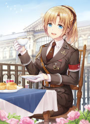 Rule 34 | 1girl, :d, blonde hair, blue eyes, blurry, blurry background, bow, brown bow, brown jacket, brown necktie, brown pantyhose, brown skirt, chair, collared shirt, commentary request, cup, day, depth of field, fence, food, gloves, hair bow, half gloves, highres, holding, holding cup, holding saucer, jacket, long hair, long sleeves, looking at viewer, military, military jacket, military uniform, mono lith, necktie, on chair, open mouth, original, outdoors, pantyhose, parted bangs, ponytail, saucer, shirt, sitting, skirt, smile, solo, table, teacup, uniform, white gloves, white shirt